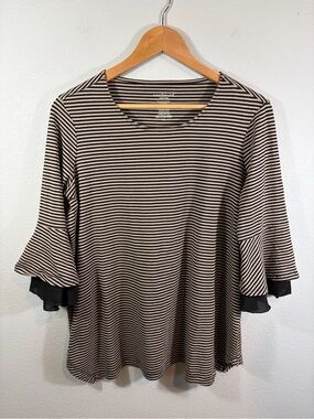 Westbound Petites Black and Tan Striped Top w/ Flared Sleeves